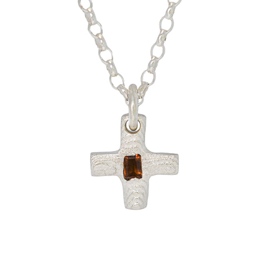 BURNT ORANGE SAPPHIRE CROSS NECKLACE